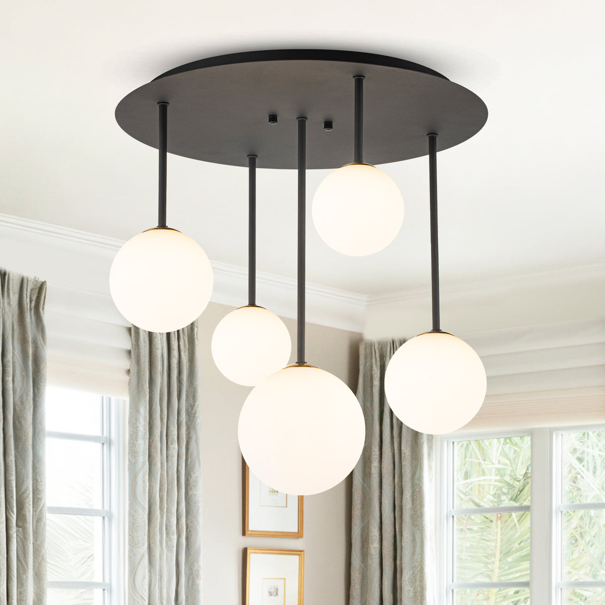 5 Light Branch-Style Flush Mount Lighting with Small and Large Milky White Glass Globes - product image 1 | Zenvolit