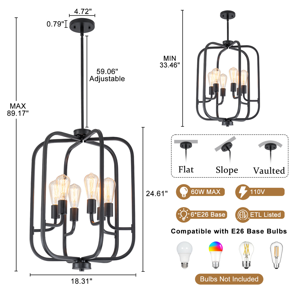 6-Light Industrial Birdcage Chandelier Black Metal Frame Farmhouse - product image 7 | Zenvolit