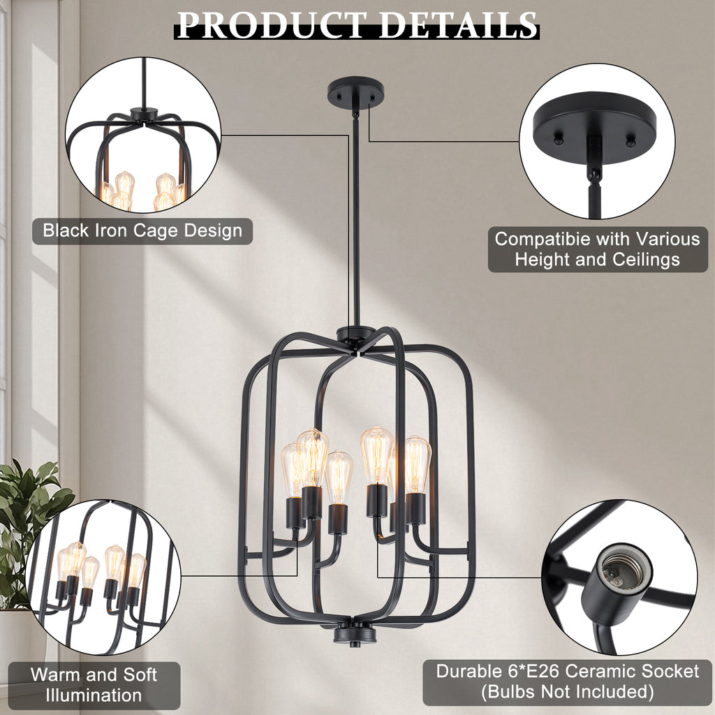 6-Light Industrial Birdcage Chandelier Black Metal Frame Farmhouse - product image 14 | Zenvolit