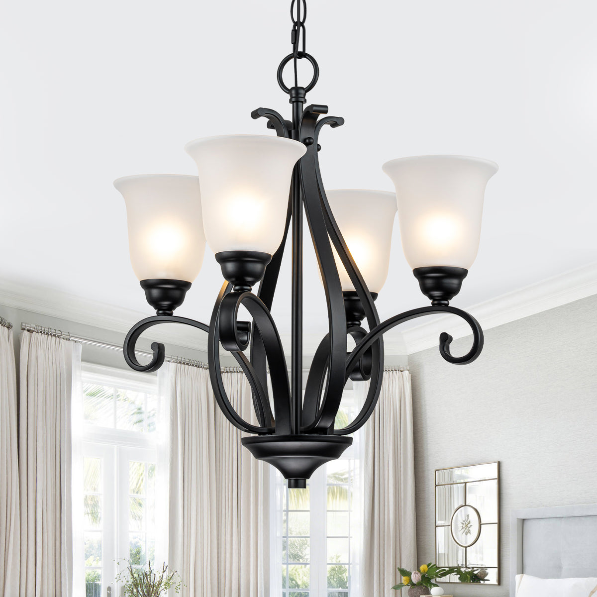 Matte Black 4-Light Candelabra Chandelier with Bell Glass Shades - product image 3 | Zenvolit