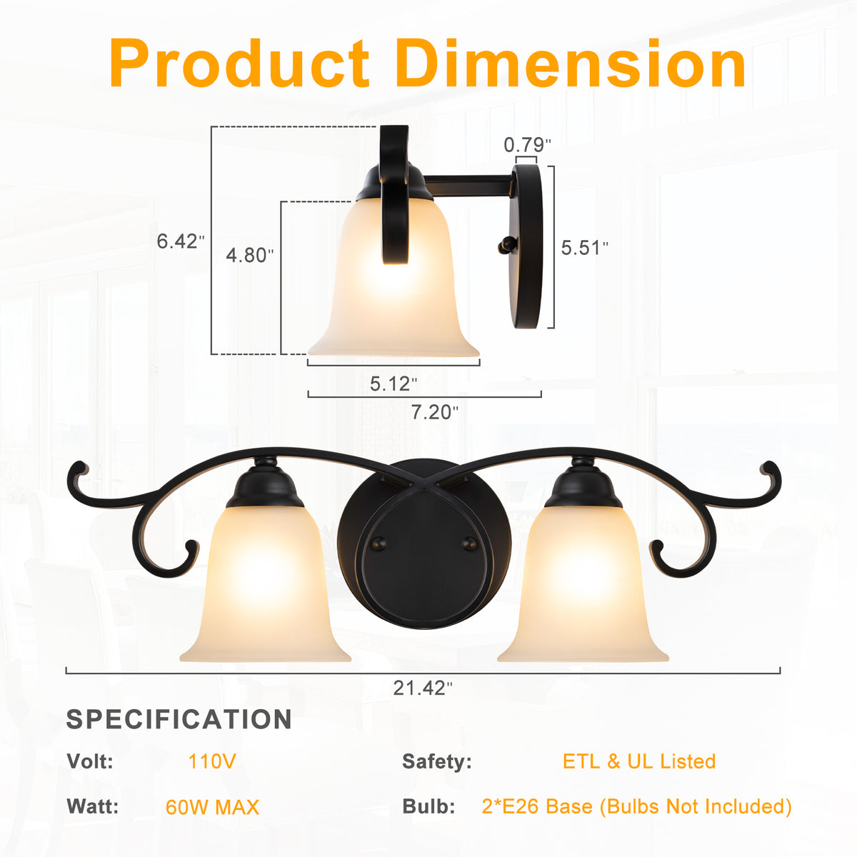 2-Light Black Scrollwork Metal Wall Sconce Frosted Bell Shade - product image 1 | Zenvolit