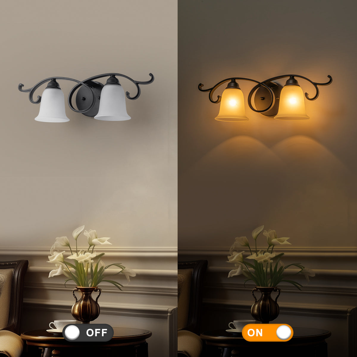 2-Light Black Scrollwork Metal Wall Sconce Frosted Bell Shade - product image 2 | Zenvolit