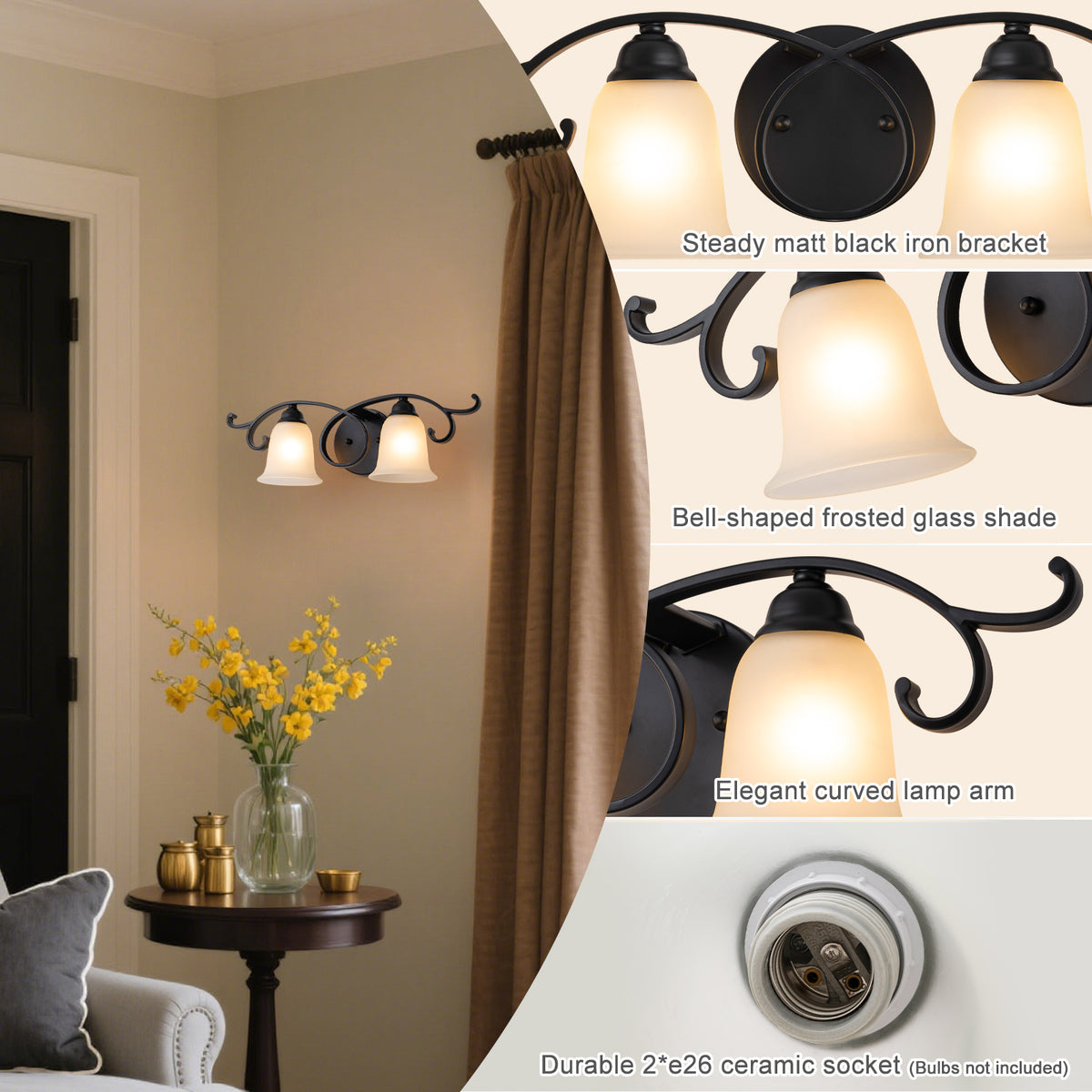 2-Light Black Scrollwork Metal Wall Sconce Frosted Bell Shade - product image 3 | Zenvolit