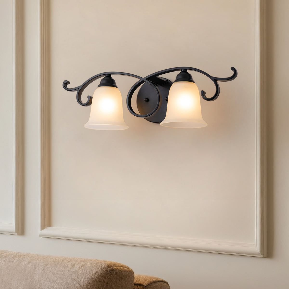 2-Light Black Scrollwork Metal Wall Sconce Frosted Bell Shade - product image 5 | Zenvolit