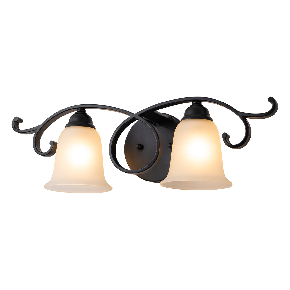 2-Light Black Scrollwork Metal Wall Sconce Frosted Bell Shade - product image 6 | Zenvolit
