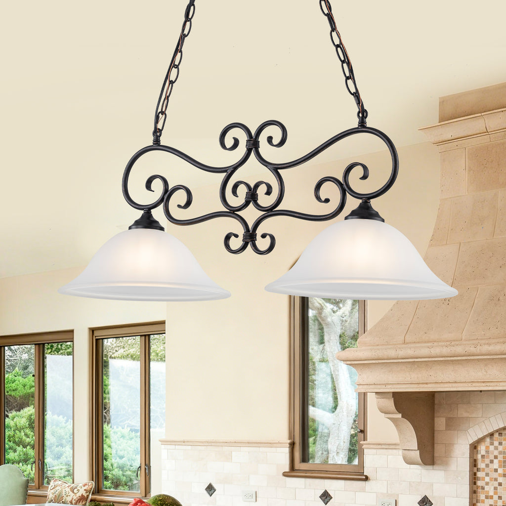 Matte Black 2-Light Linear Chandelier with Bell Glass Shades - product image 1 | Zenvolit