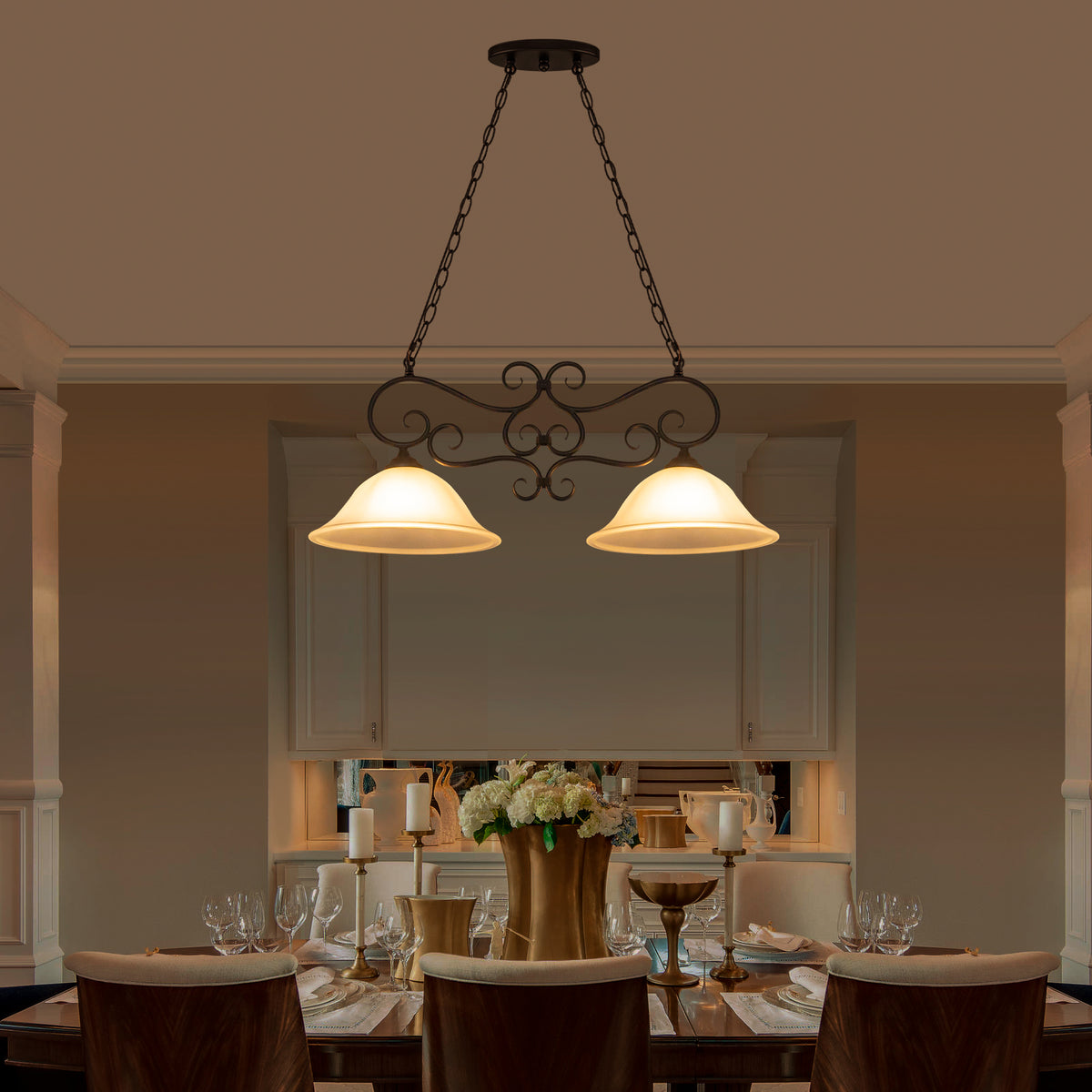 Matte Black 2-Light Linear Chandelier with Bell Glass Shades - product image 7 | Zenvolit