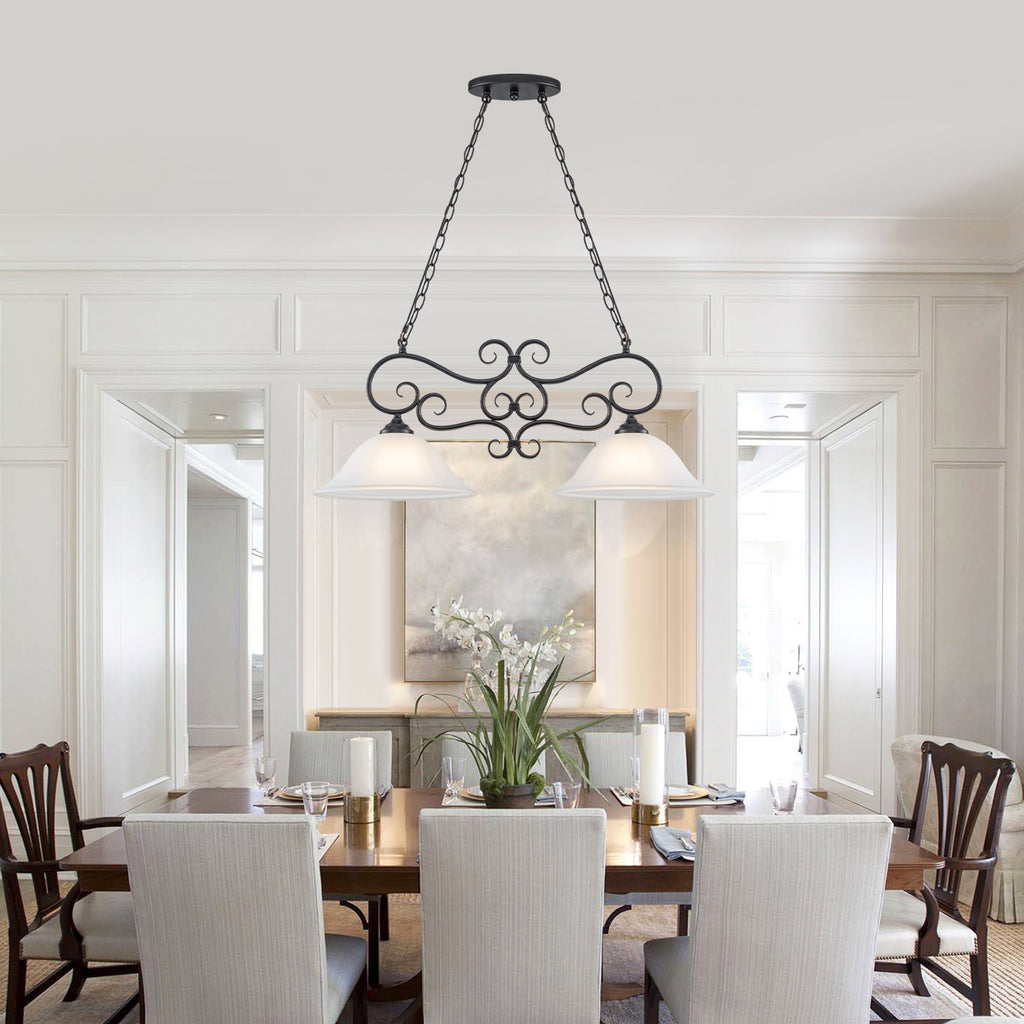Matte Black 2-Light Linear Chandelier with Bell Glass Shades - product image 9 | Zenvolit