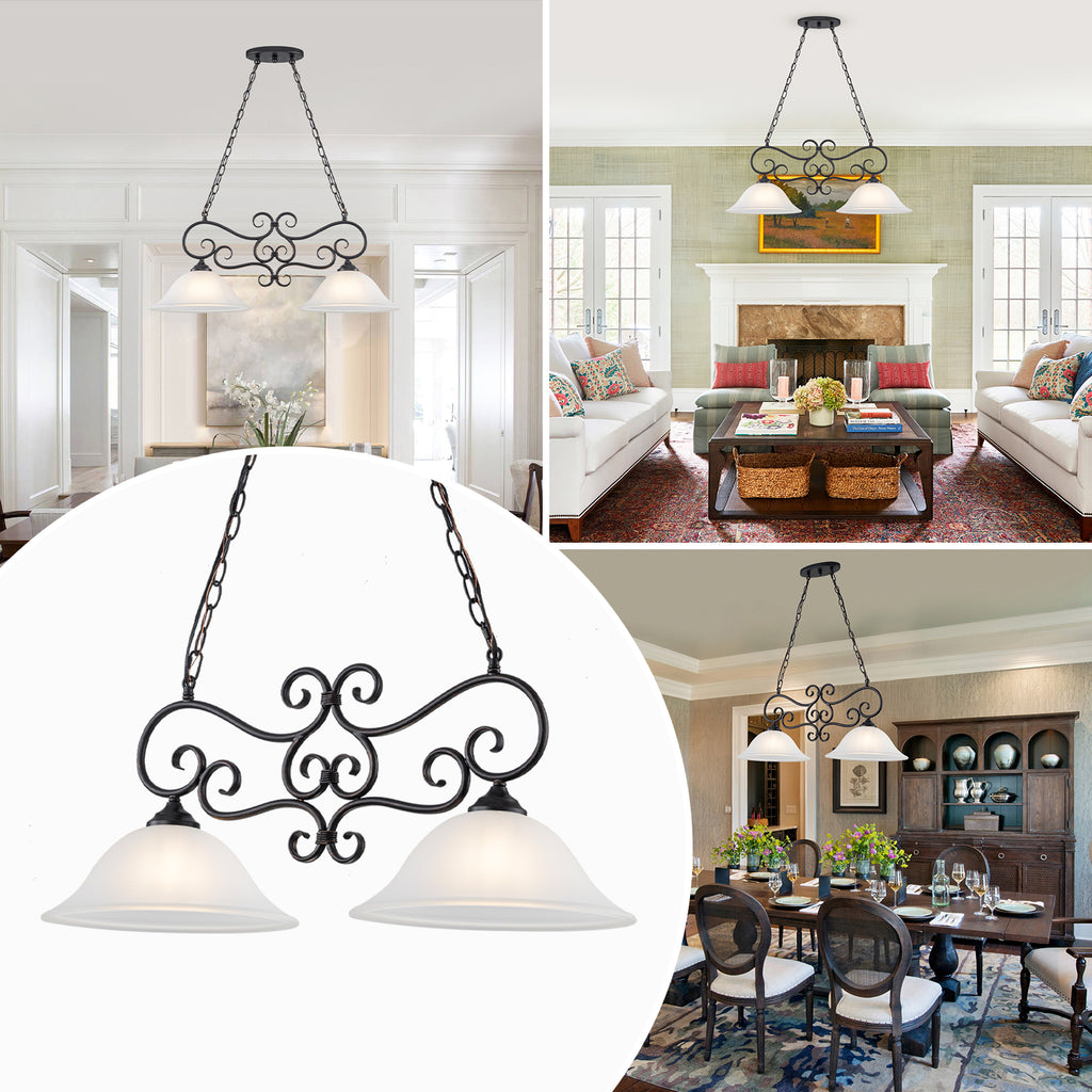 Matte Black 2-Light Linear Chandelier with Bell Glass Shades - product image 11 | Zenvolit