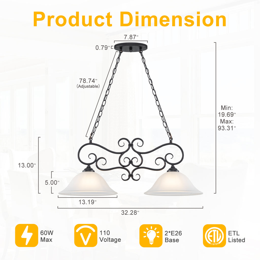 Matte Black 2-Light Linear Chandelier with Bell Glass Shades - product image 12 | Zenvolit