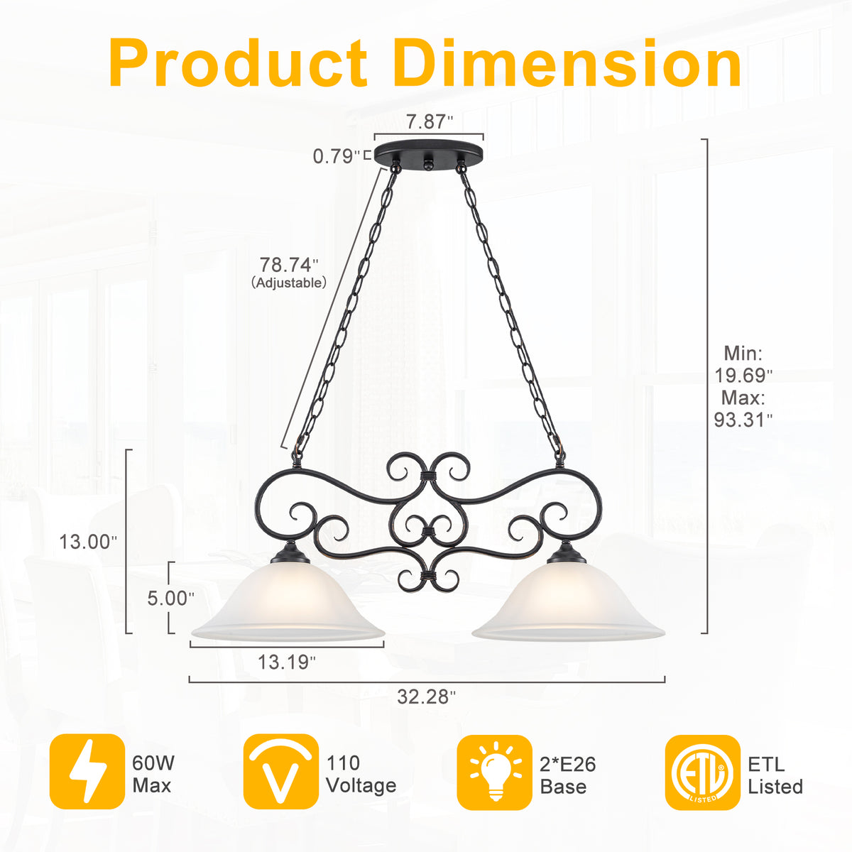 Matte Black 2-Light Linear Chandelier with Bell Glass Shades - product image 12 | Zenvolit