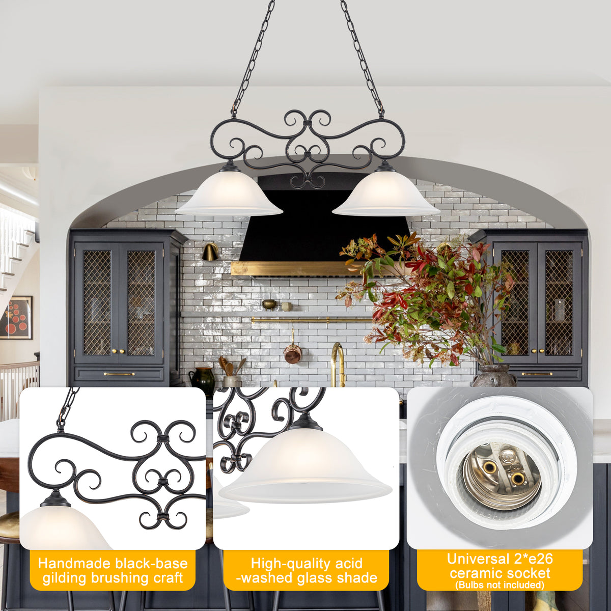 Matte Black 2-Light Linear Chandelier with Bell Glass Shades - product image 14 | Zenvolit