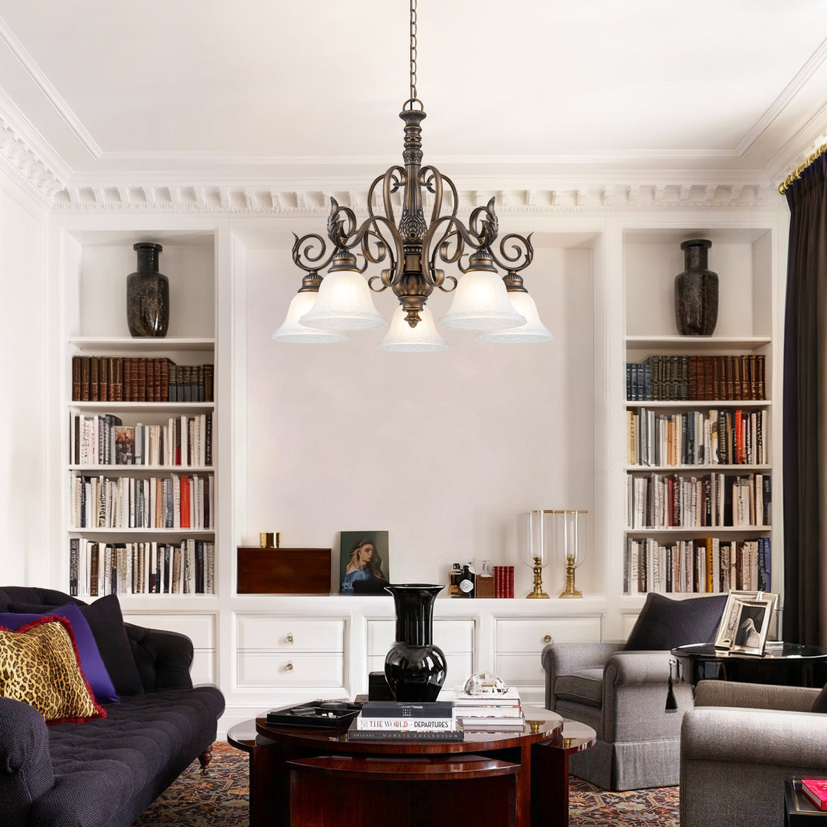 5-Light Oil Rubbed Bronze Chandelier Glass Bell Shades Traditional - product image 3 | Zenvolit