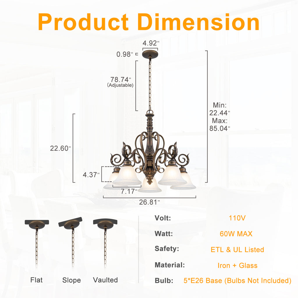 5-Light Oil Rubbed Bronze Chandelier Glass Bell Shades Traditional - product image 6 | Zenvolit