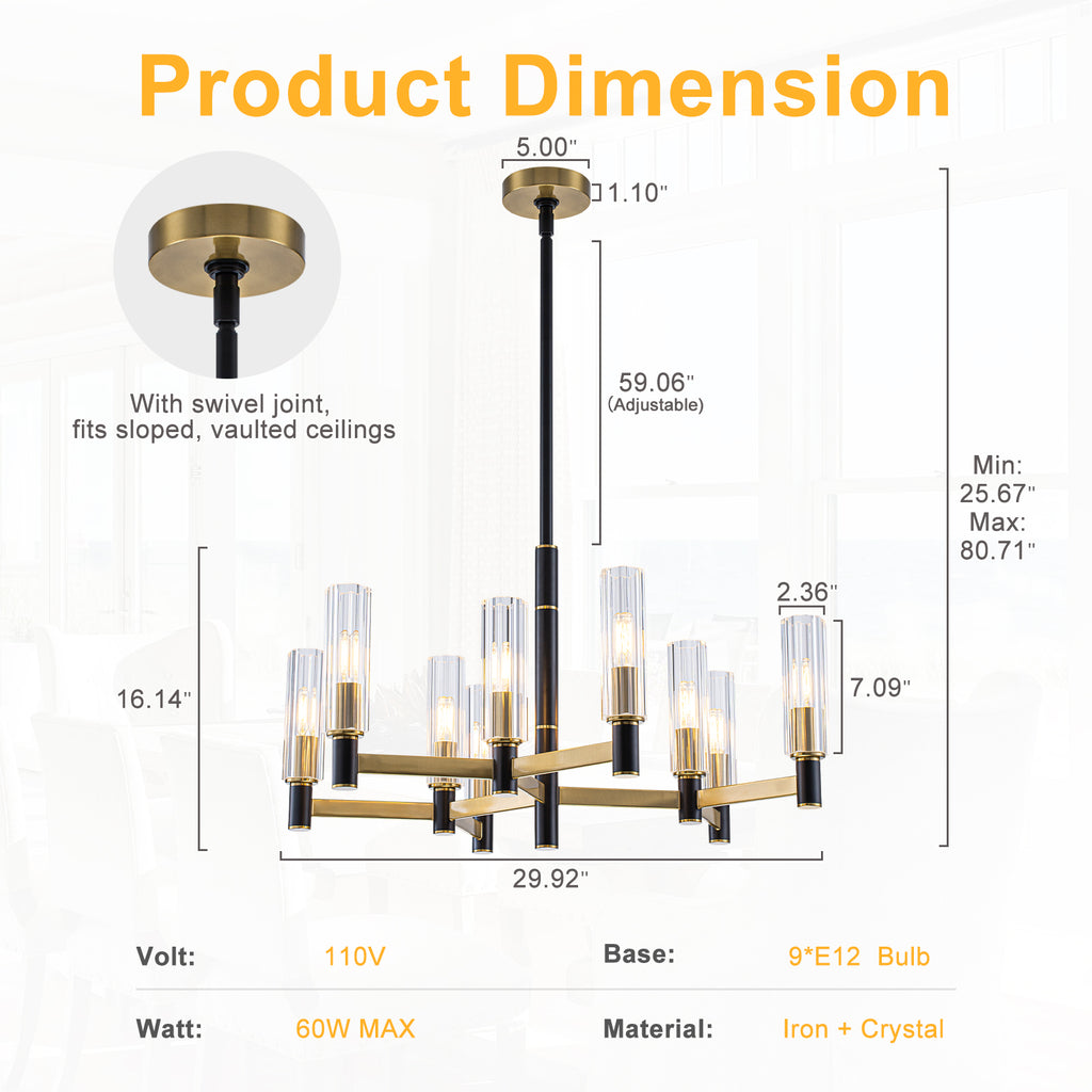 9 Light Black and Gold Chandelier with Crystal Shades Modern Pendant - product image 7 | Zenvolit