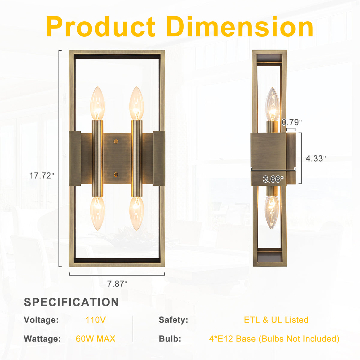 4-Light Modern Vintage Antique Brass Rectangular Metal Wall Sconce - product image 1 | Zenvolit