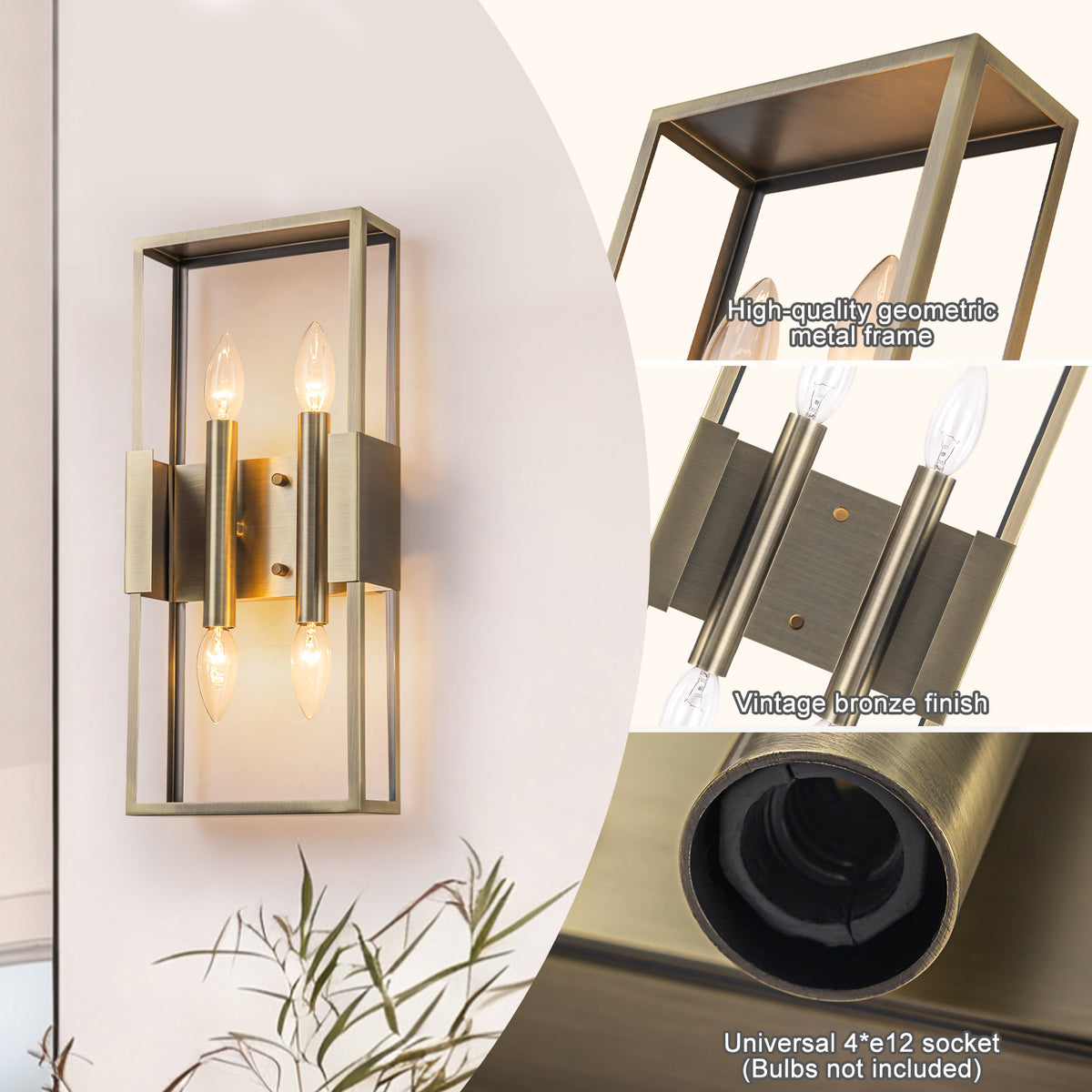 4-Light Modern Vintage Antique Brass Rectangular Metal Wall Sconce - product image 3 | Zenvolit