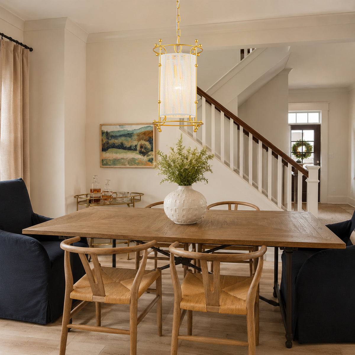 Modern Gold Cylinder Pendant Light White Fabric Shade Kitchen Island