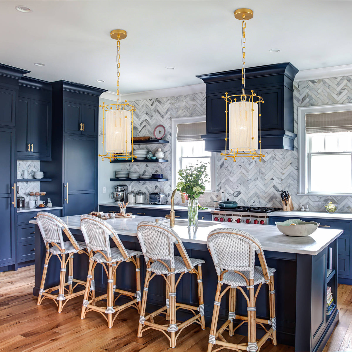 Modern Gold Cylinder Pendant Light White Fabric Shade Kitchen Island