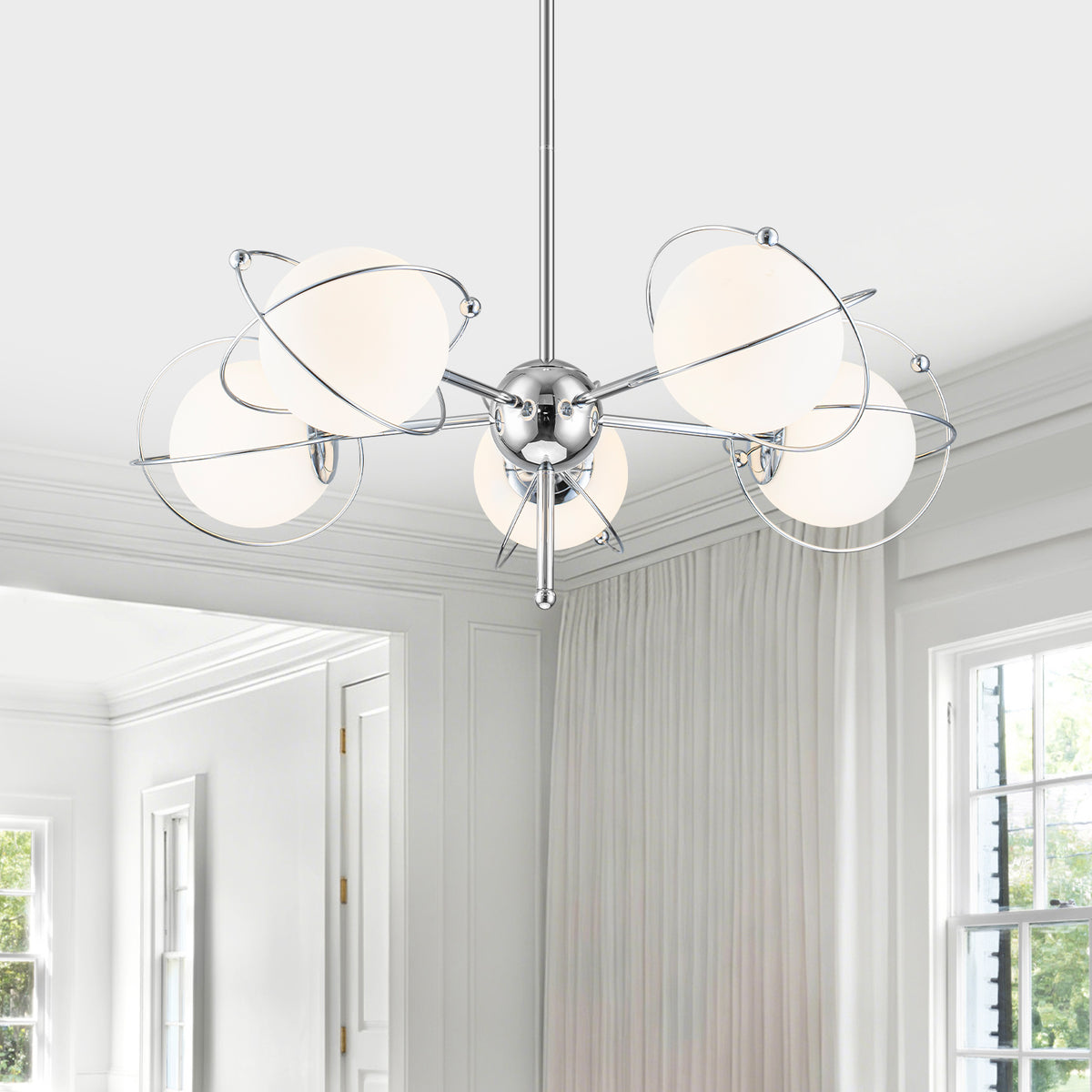 5-Light Modern Globe Chandelier Chrome Orbit Frame Opal Glass Globes - product image 1 | Zenvolit