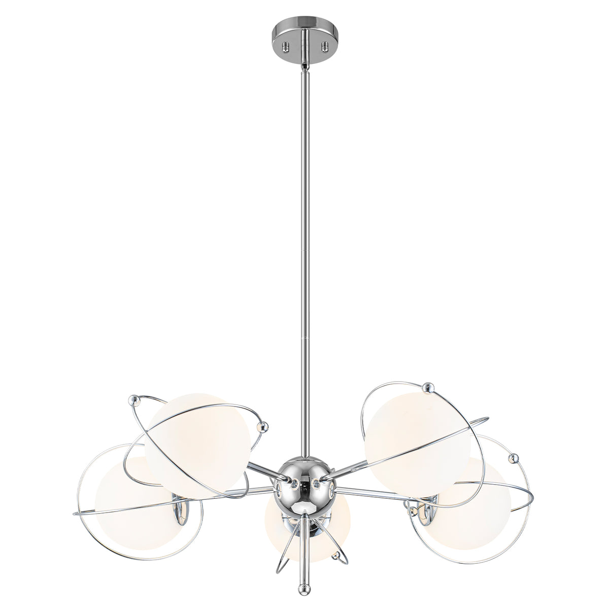 5-Light Modern Globe Chandelier Chrome Orbit Frame Opal Glass Globes - product image 2 | Zenvolit
