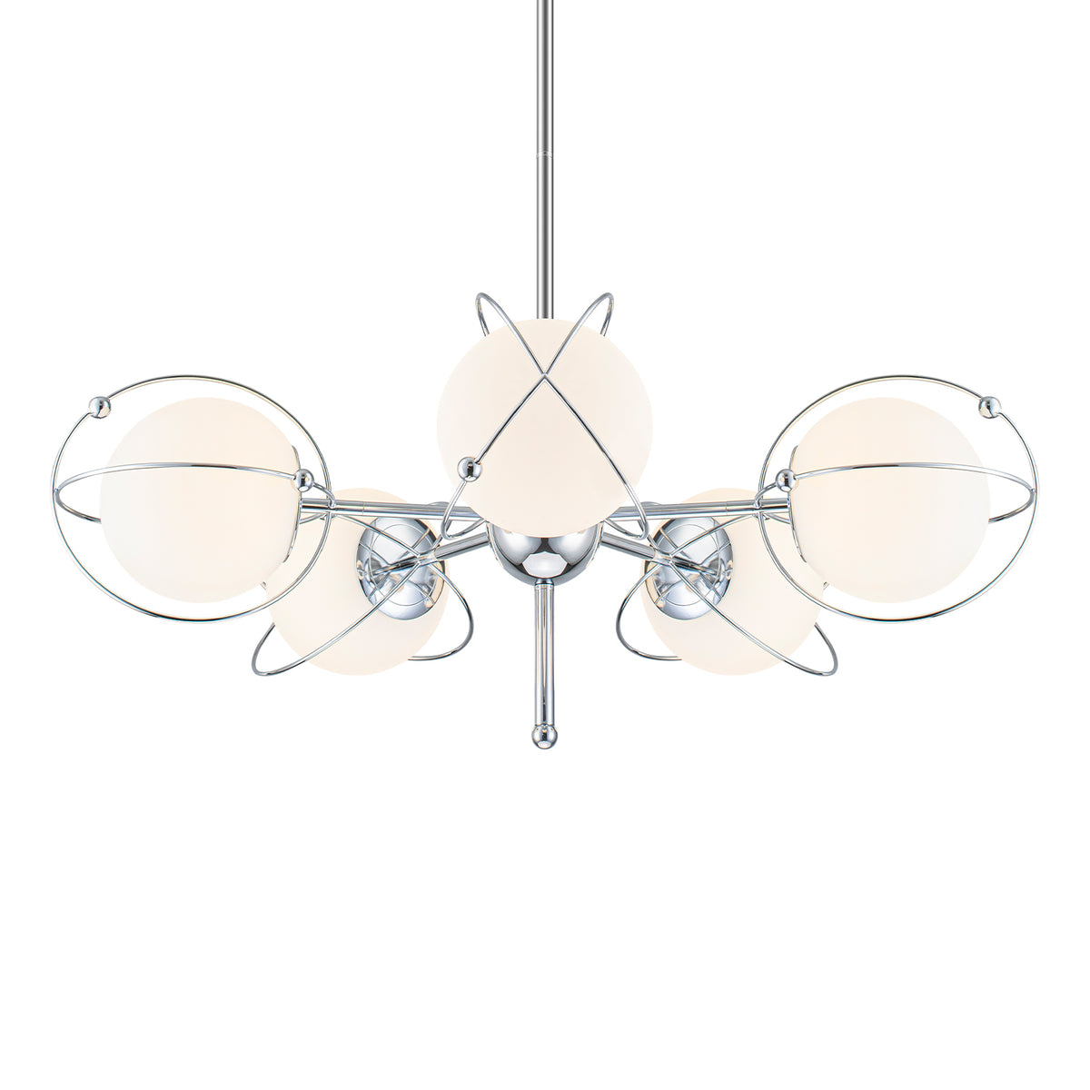 5-Light Modern Globe Chandelier Chrome Orbit Frame Opal Glass Globes - product image 3 | Zenvolit