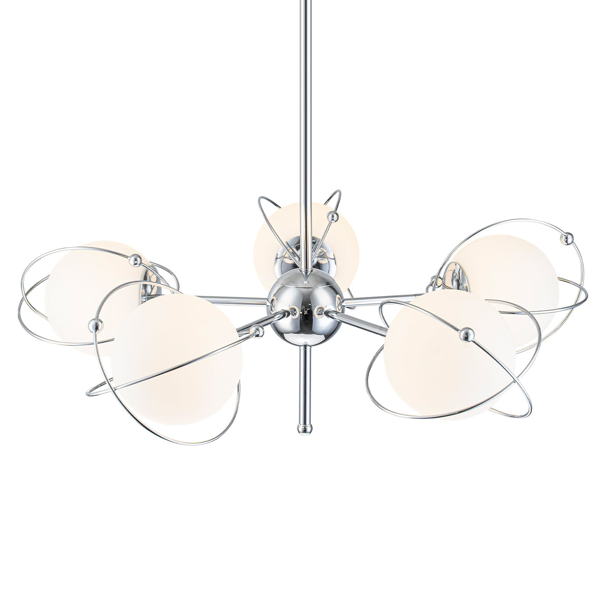 5-Light Modern Globe Chandelier Chrome Orbit Frame Opal Glass Globes - product image 4 | Zenvolit
