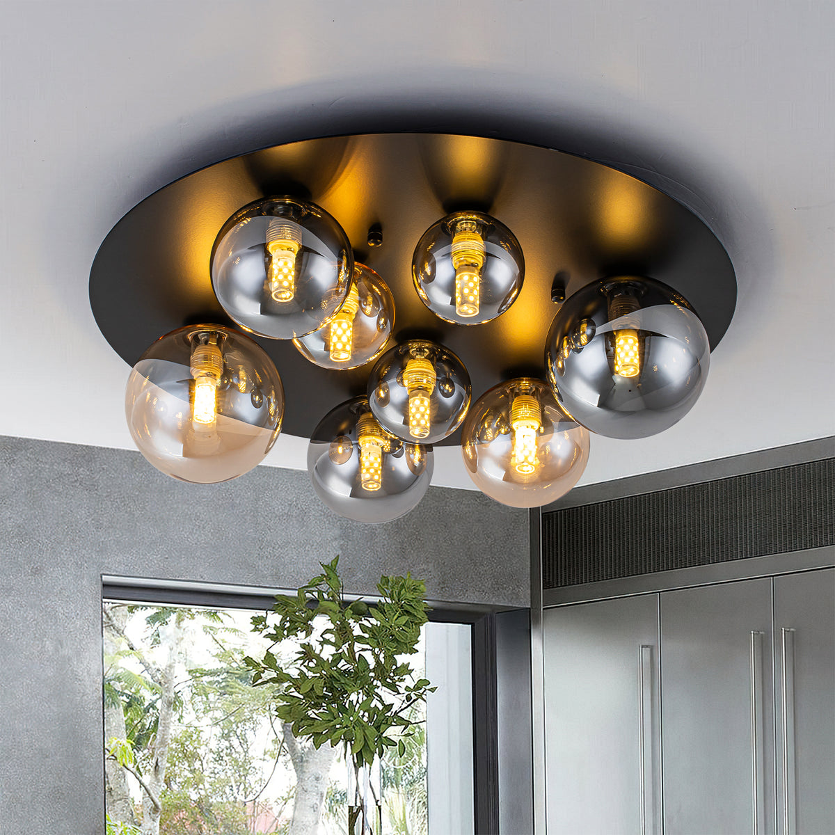 8-Light Flush Mount Ceiling Light Mixed Size Smoke/Amber Glass Globes - product image 1 | Zenvolit