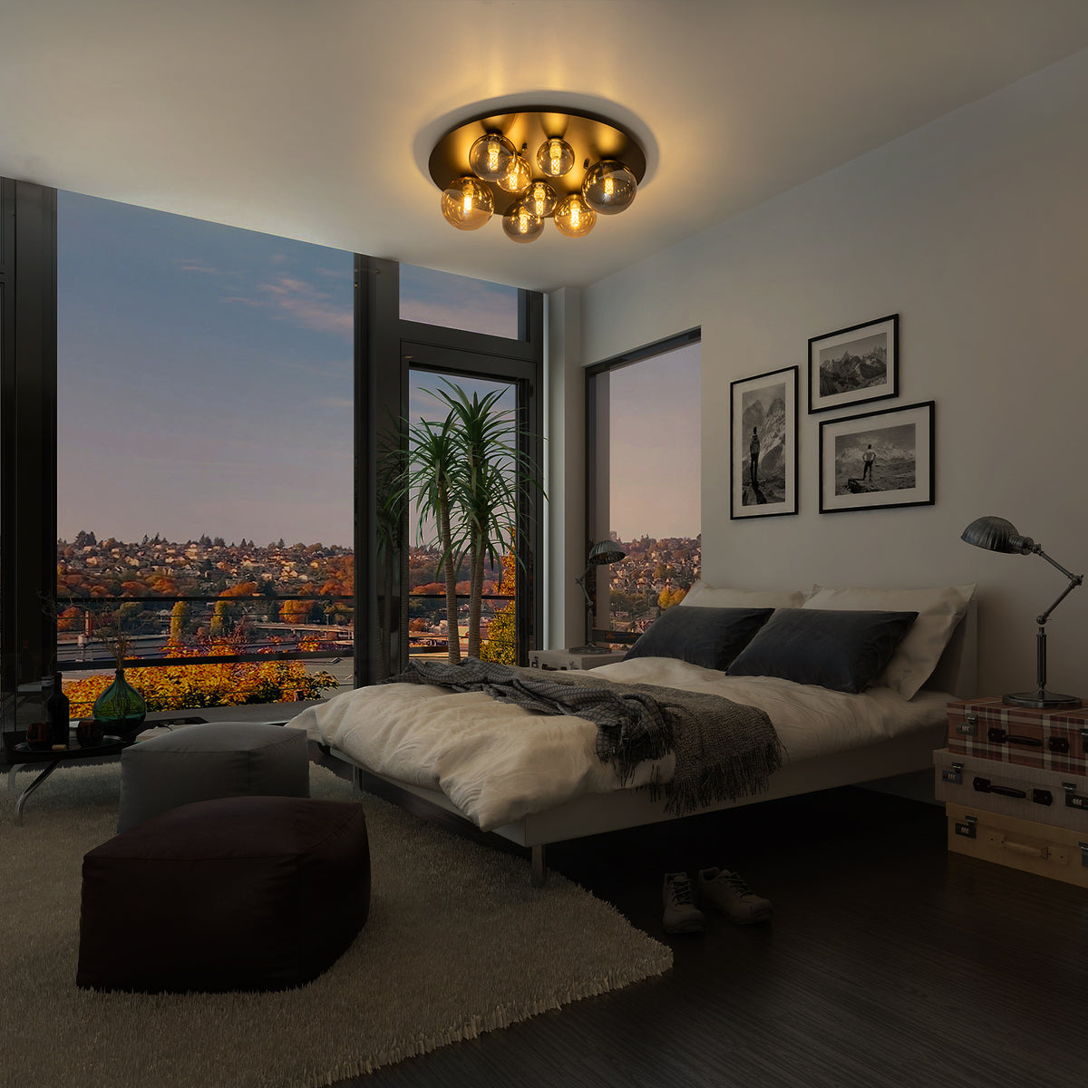 8-Light Flush Mount Ceiling Light Mixed Size Smoke/Amber Glass Globes - product image 3 | Zenvolit