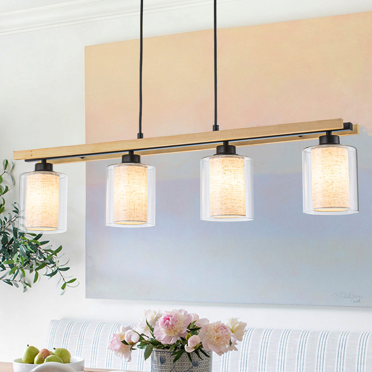 4-Light Black Linear Pendant Light Clear Glass & Linen Cylinder Shades - product image 1 | Zenvolit