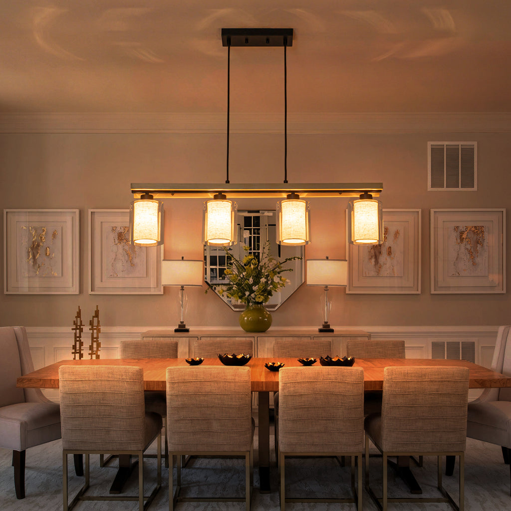 4-Light Black Linear Pendant Light Clear Glass & Linen Cylinder Shades - product image 3 | Zenvolit