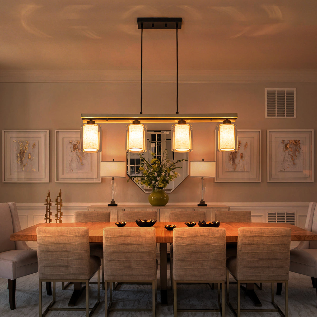 4-Light Black Linear Pendant Light Clear Glass & Linen Cylinder Shades - product image 3 | Zenvolit