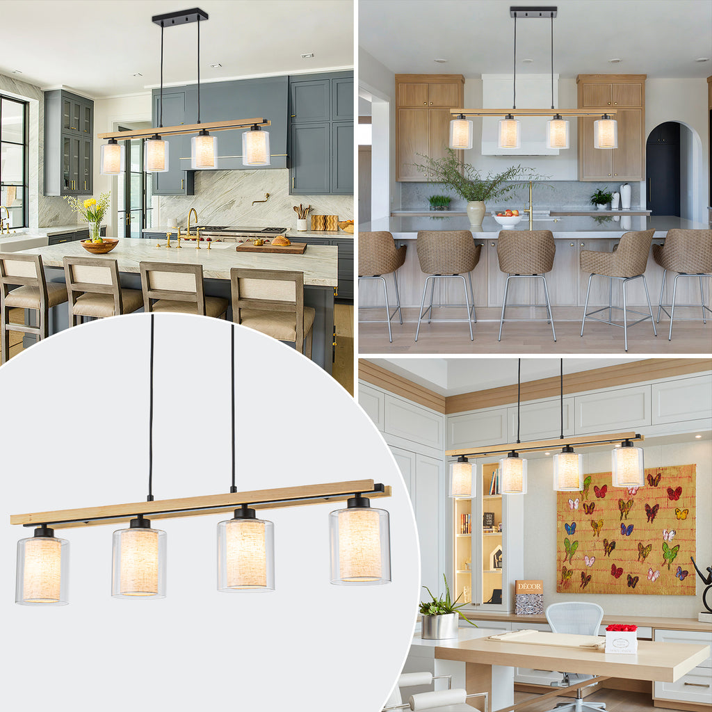 4-Light Black Linear Pendant Light Clear Glass & Linen Cylinder Shades - product image 6 | Zenvolit
