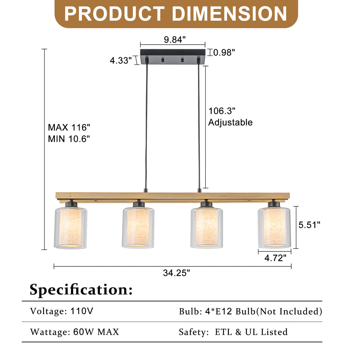 4-Light Black Linear Pendant Light Clear Glass & Linen Cylinder Shades - product image 7 | Zenvolit