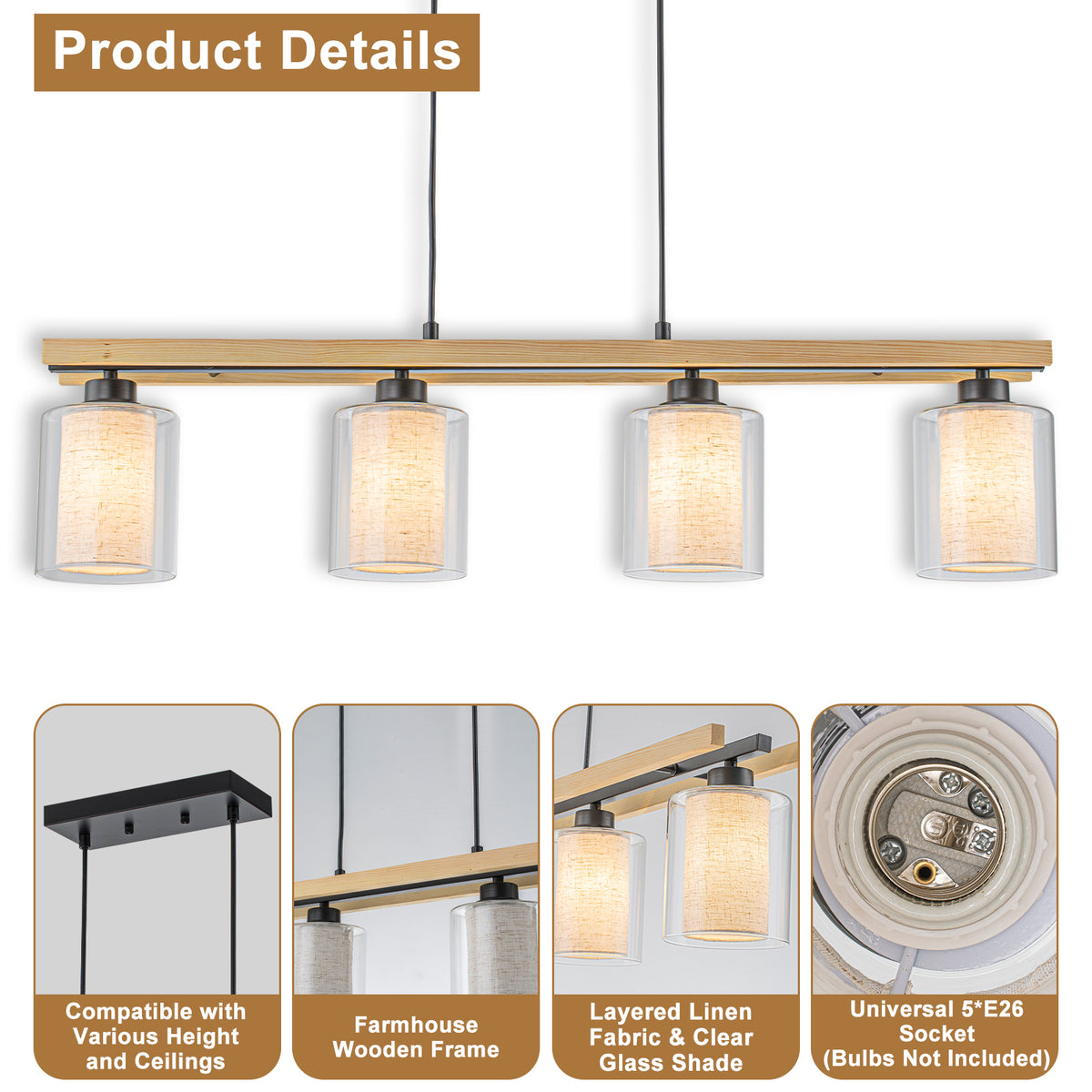4-Light Black Linear Pendant Light Clear Glass & Linen Cylinder Shades - product image 14 | Zenvolit