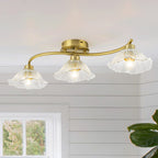 3-Light Gold Linear Flush Mount Ruffled Lotus Leaf Clear Glass Shades - product image 1 | Zenvolit