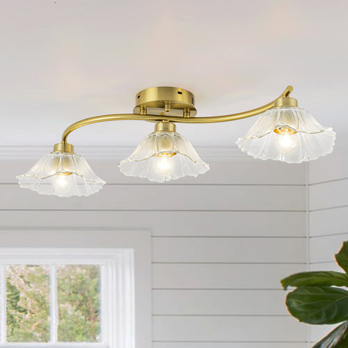 3-Light Gold Linear Flush Mount Ruffled Lotus Leaf Clear Glass Shades - product image 1 | Zenvolit