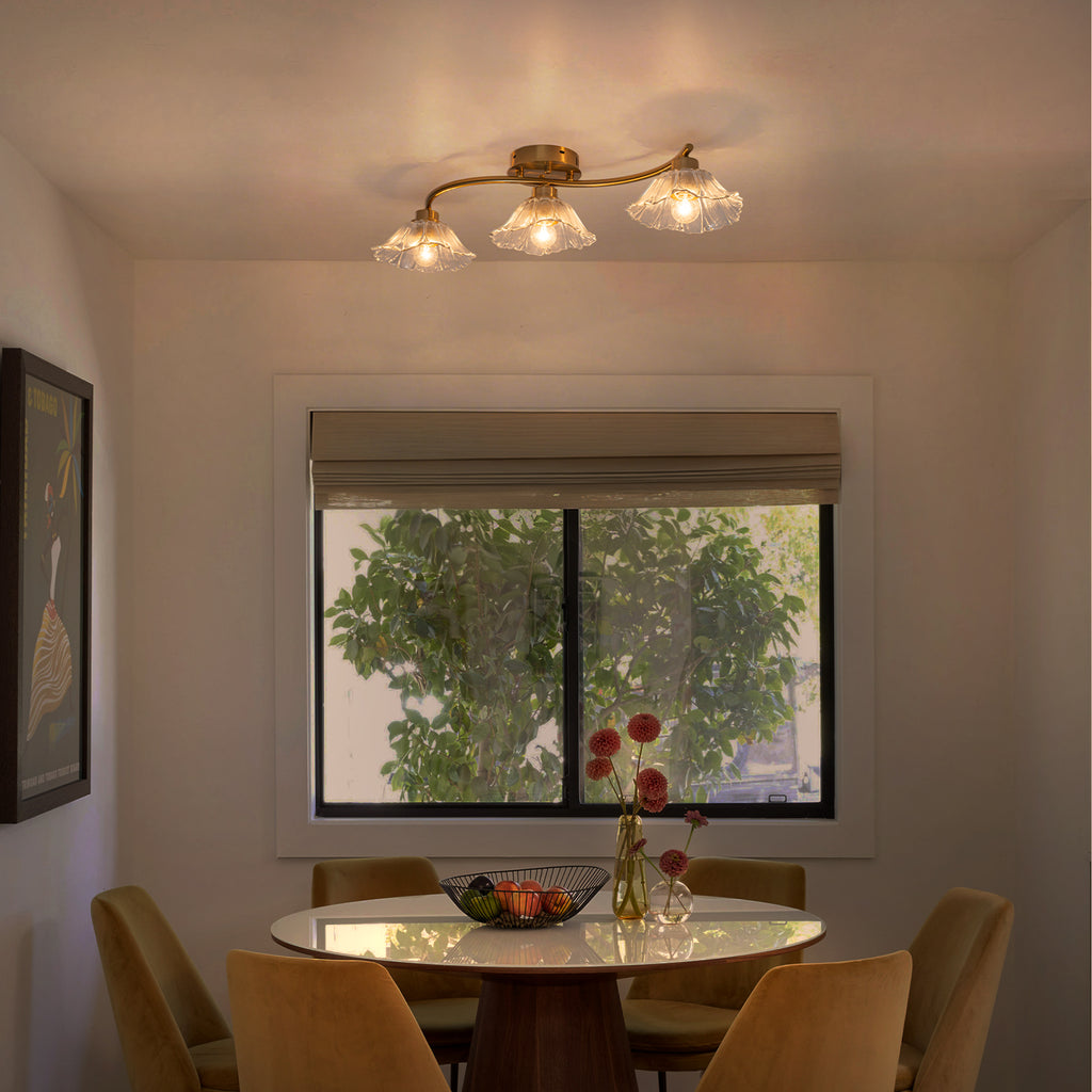 3-Light Gold Linear Flush Mount Ruffled Lotus Leaf Clear Glass Shades - product image 3 | Zenvolit