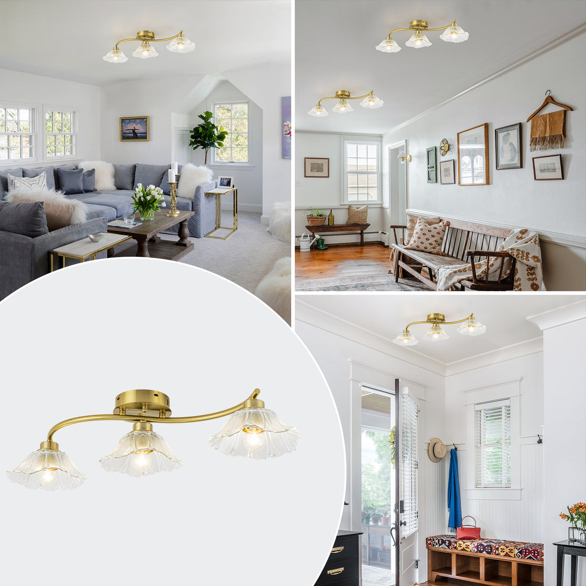 3-Light Gold Linear Flush Mount Ruffled Lotus Leaf Clear Glass Shades - product image 6 | Zenvolit