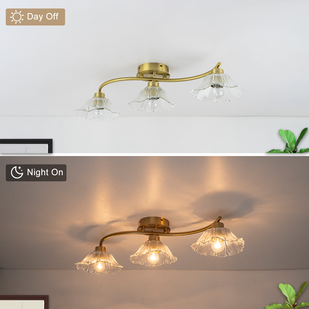 3-Light Gold Linear Flush Mount Ruffled Lotus Leaf Clear Glass Shades - product image 8 | Zenvolit