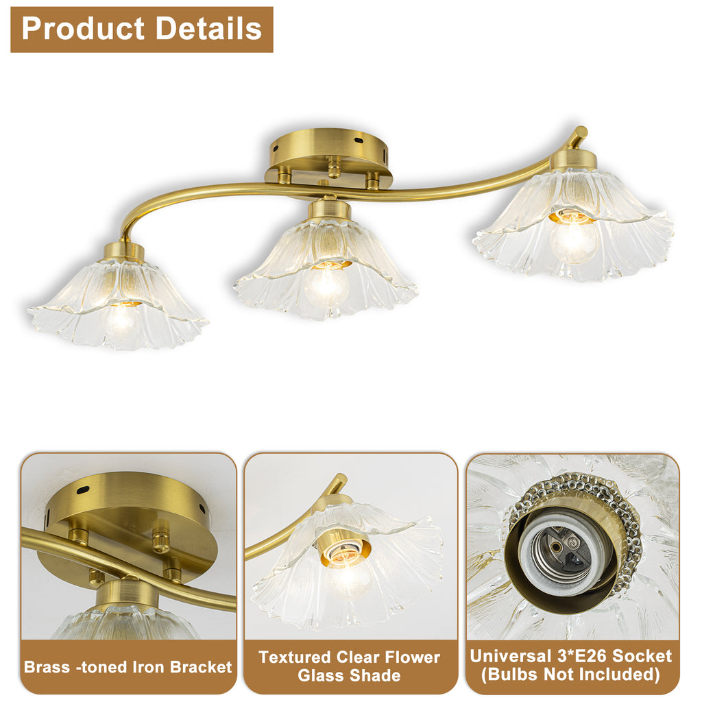 3-Light Gold Linear Flush Mount Ruffled Lotus Leaf Clear Glass Shades - product image 12 | Zenvolit