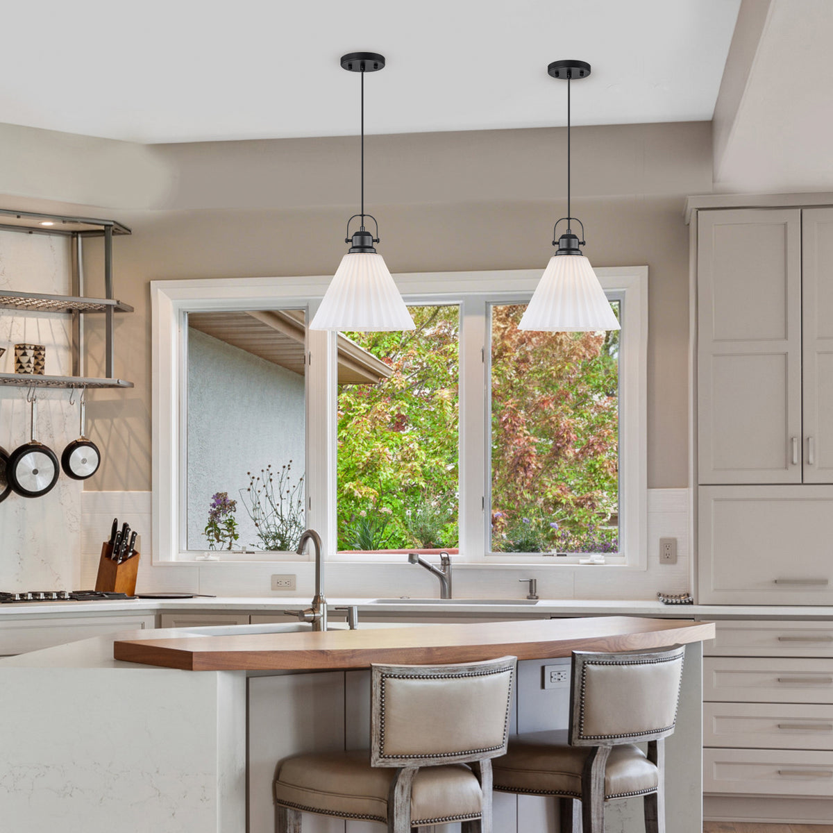 Modern Matte Black Pendant Light White Pleated Glass Shade Kitchen - product image 8 | Zenvolit
