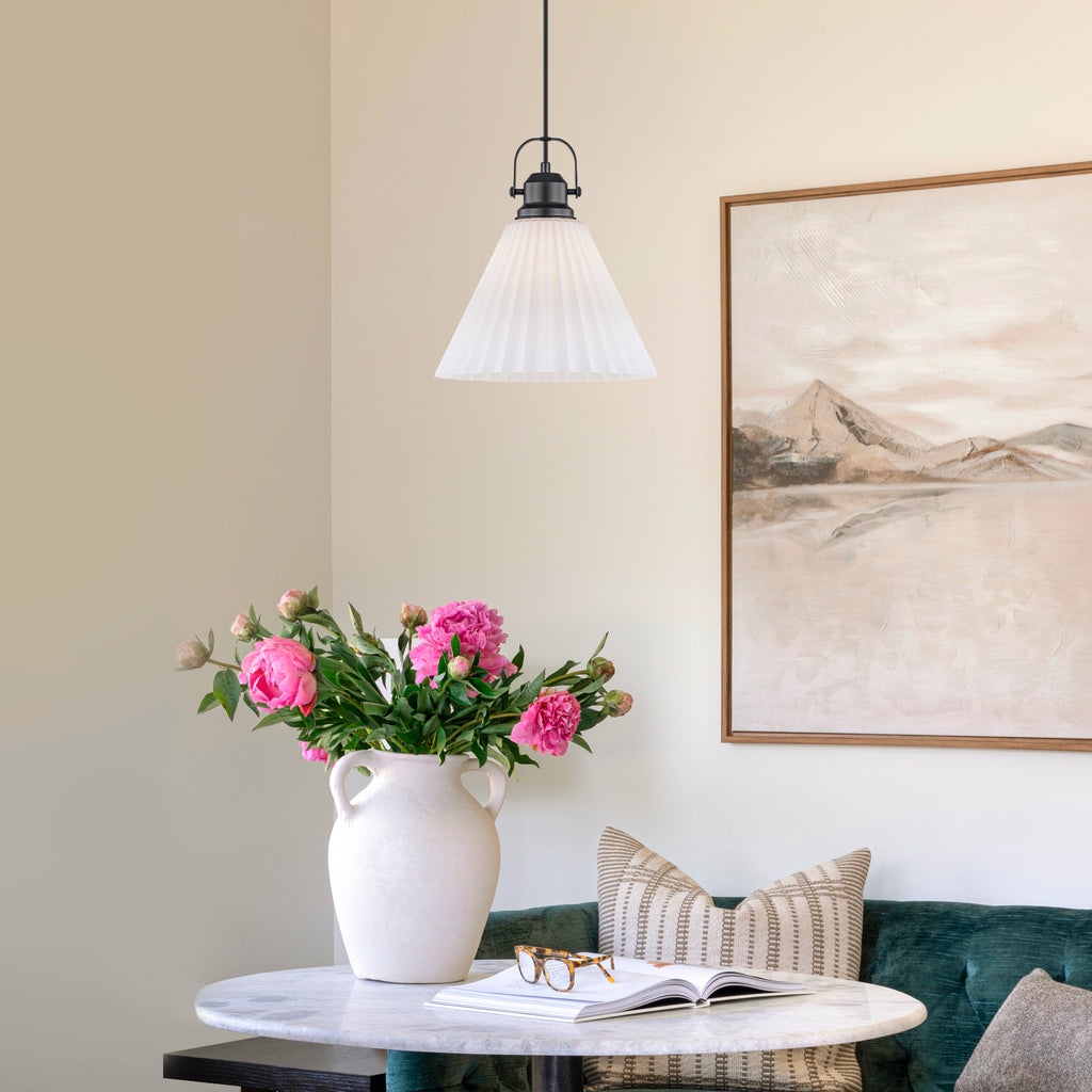 Modern Matte Black Pendant Light White Pleated Glass Shade Kitchen - product image 9 | Zenvolit