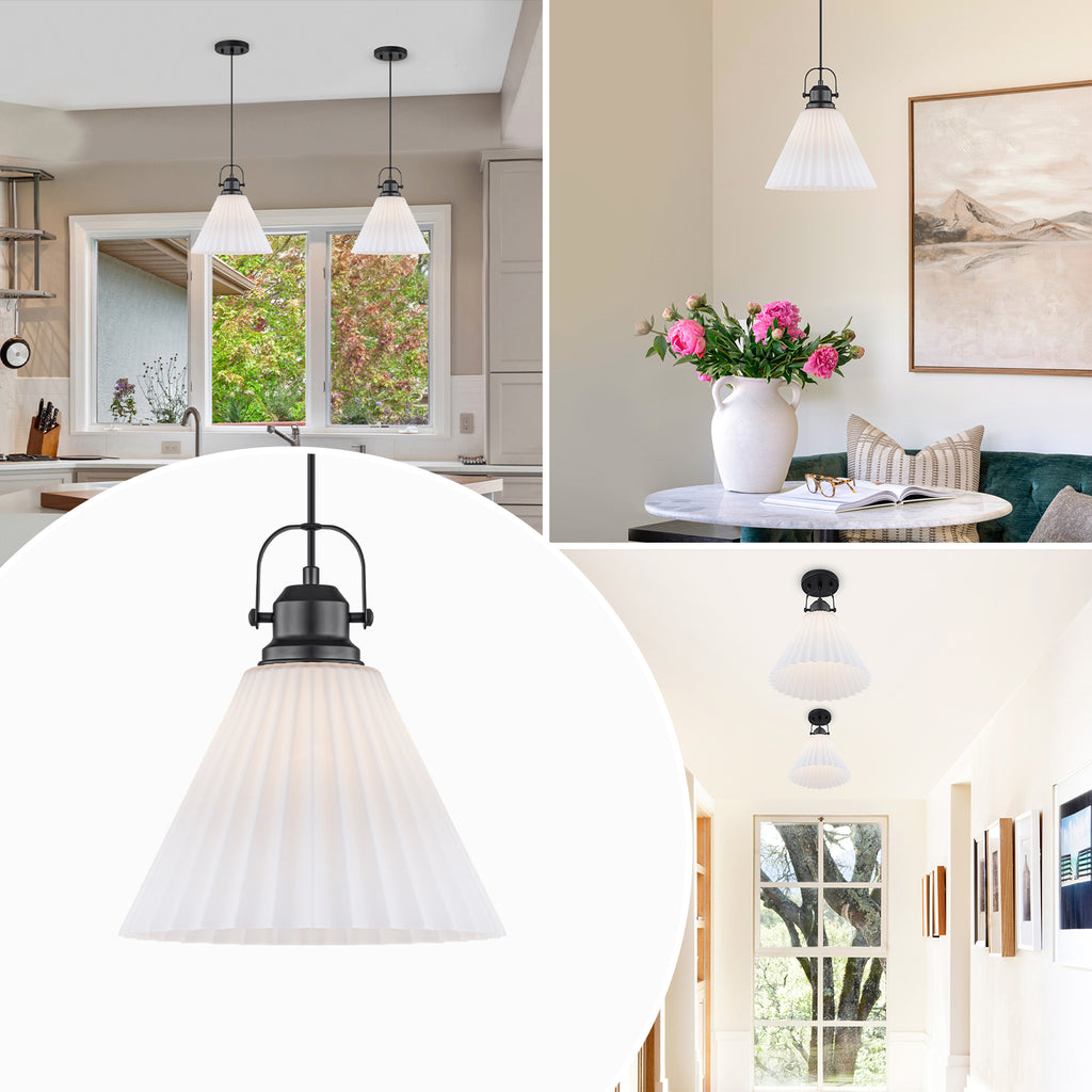 Modern Matte Black Pendant Light White Pleated Glass Shade Kitchen - product image 11 | Zenvolit