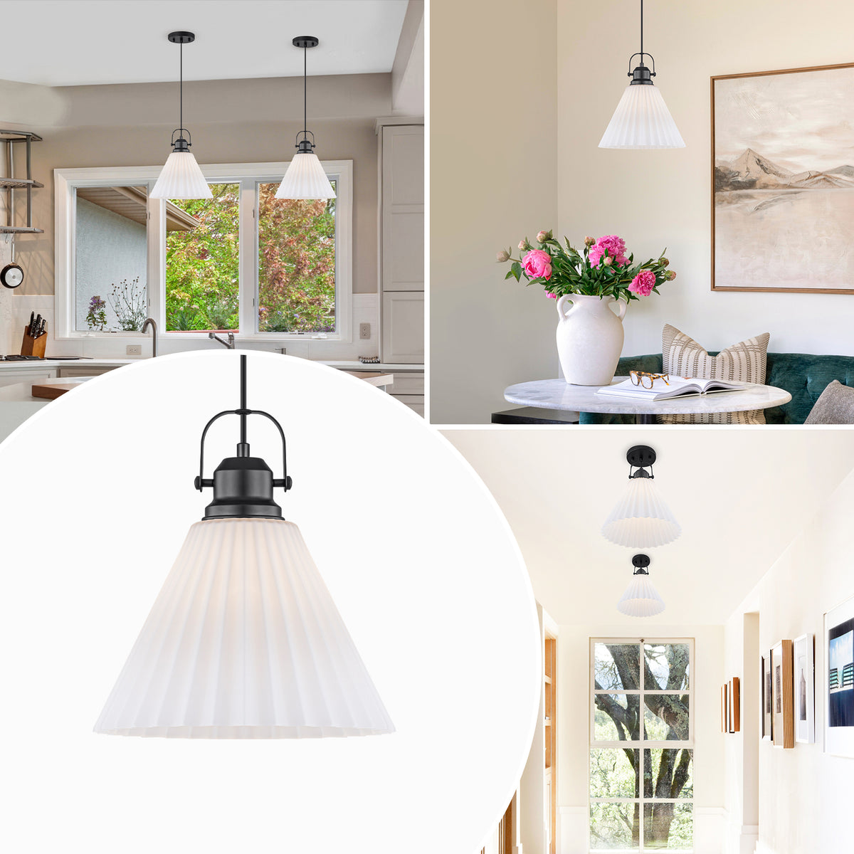 Modern Matte Black Pendant Light White Pleated Glass Shade Kitchen - product image 11 | Zenvolit