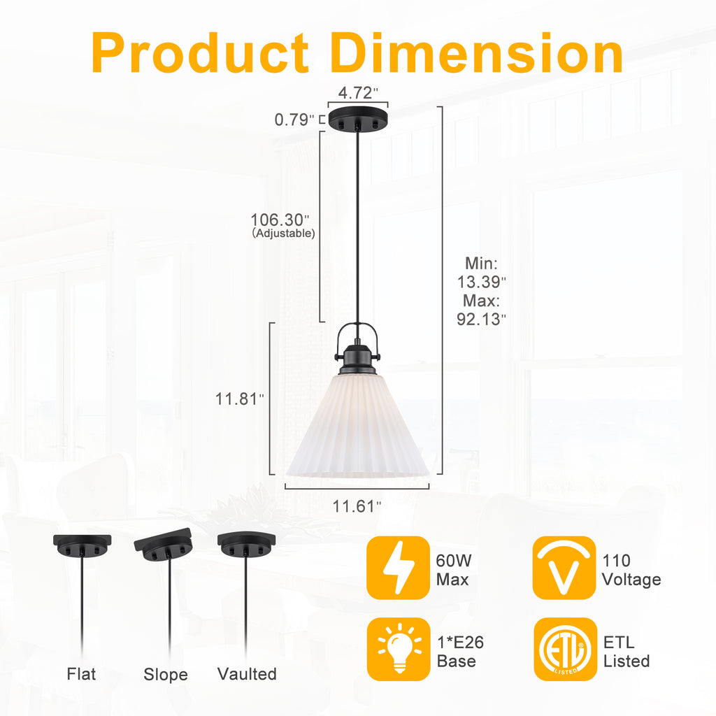 Modern Matte Black Pendant Light White Pleated Glass Shade Kitchen - product image 12 | Zenvolit