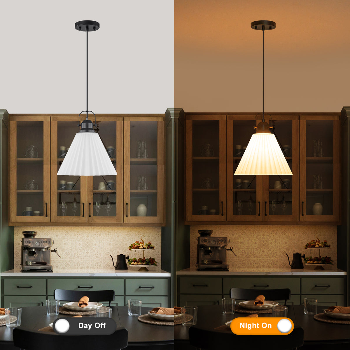 Modern Matte Black Pendant Light White Pleated Glass Shade Kitchen - product image 13 | Zenvolit