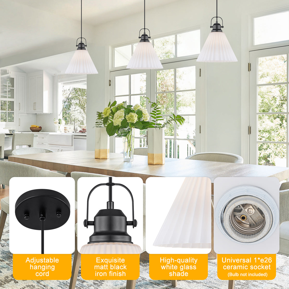 Modern Matte Black Pendant Light White Pleated Glass Shade Kitchen - product image 14 | Zenvolit