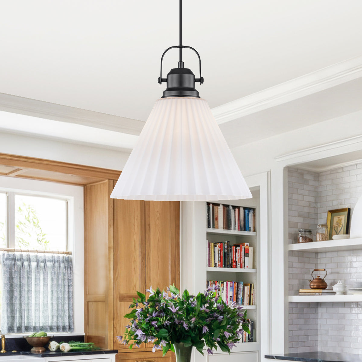 Modern Matte Black Pendant Light White Pleated Glass Shade Kitchen - product image 15 | Zenvolit