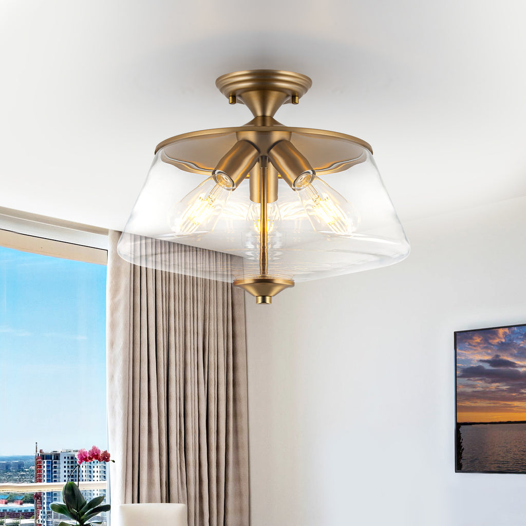 3-Light Matte Brass Flush Mount Ceiling Light with Clear Glass Shade - product image 1 | Zenvolit